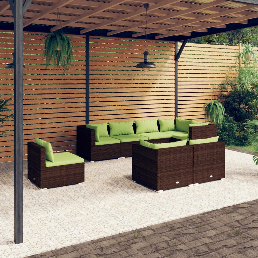 Salon de jardin 8 pcs avec coussins Résine tressée Marron