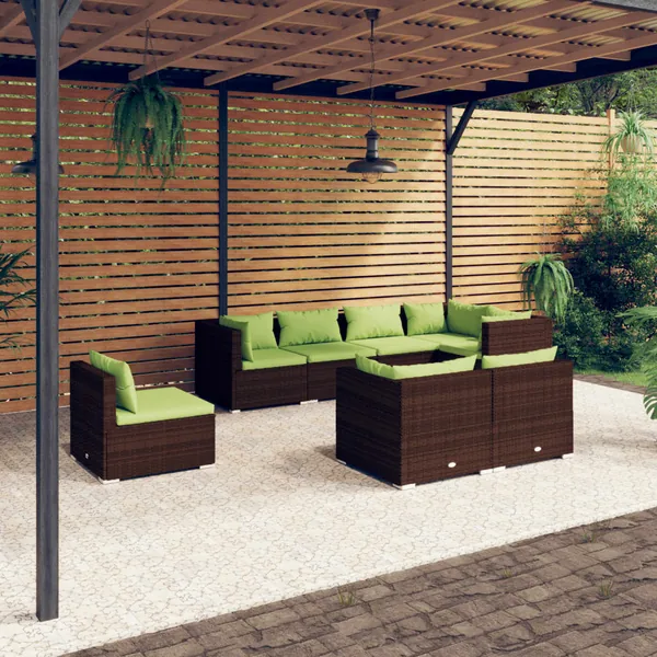 Salon de jardin 8 pcs avec coussins Résine tressée Marron
