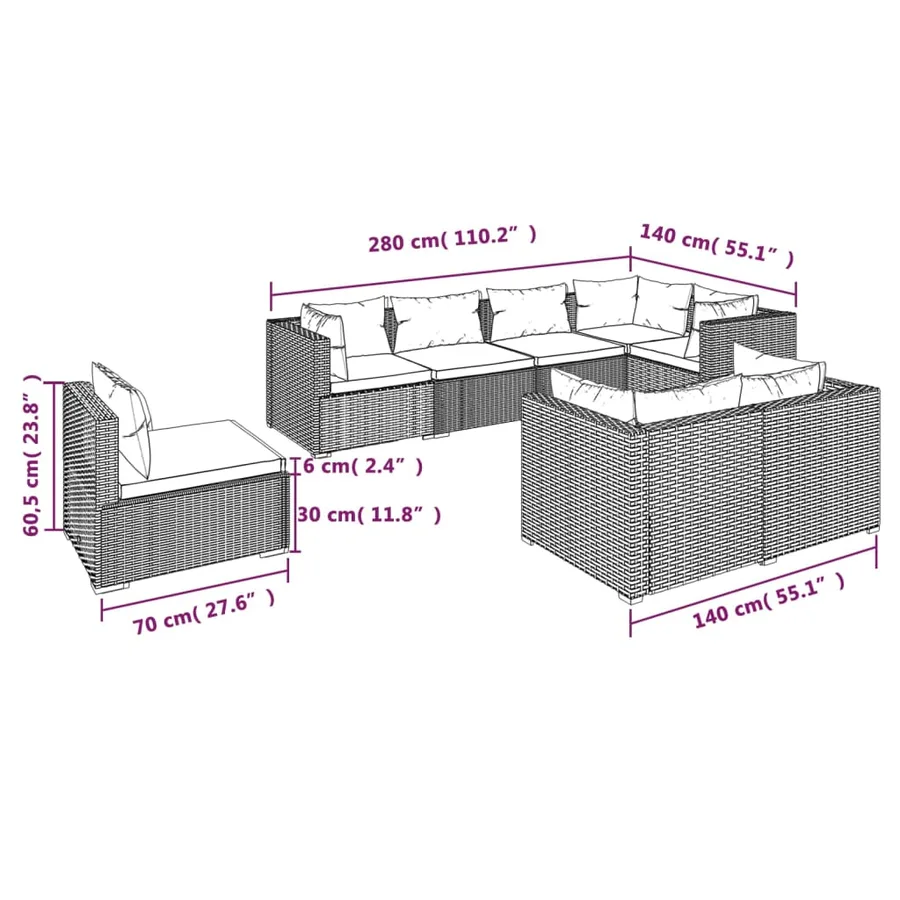 Salon de jardin 8 pcs avec coussins Résine tressée Marron - 5