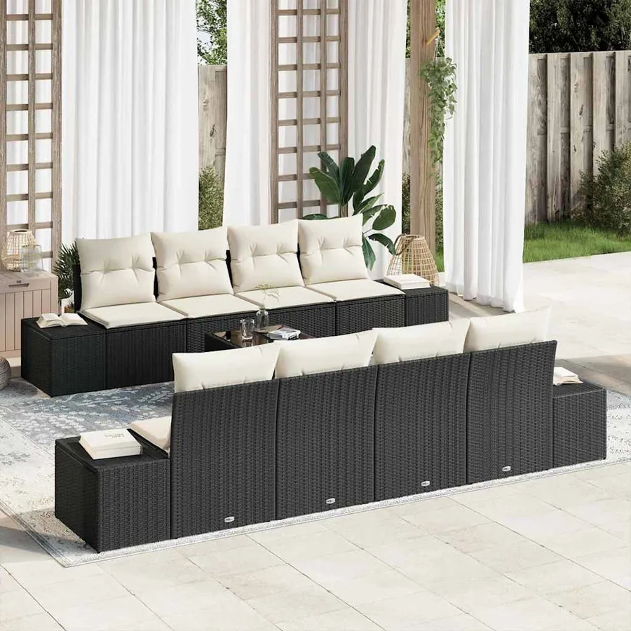 Ensemble de canapé de jardin 8 pcs Noir et Crème polyrotin