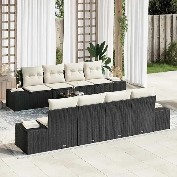 Ensemble de canapé de jardin 8 pcs Noir et Crème polyrotin