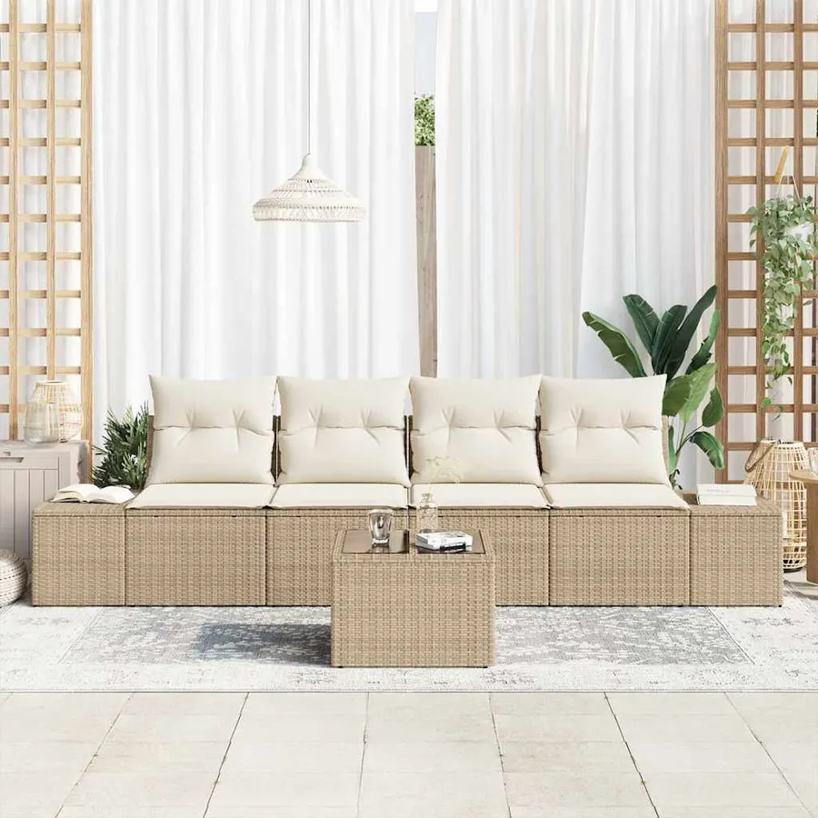 Ensemble de canapé de jardin 5 pcs Beige et crème polyrotin - 3