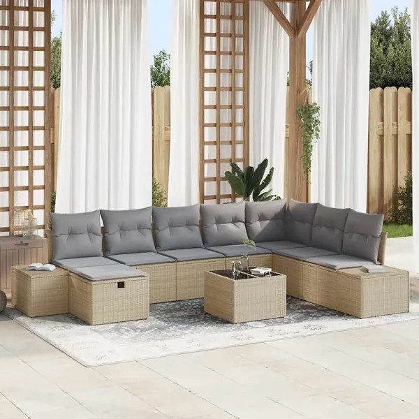 Ensemble de canapé de jardin 9 pcs Beige Poly rotin