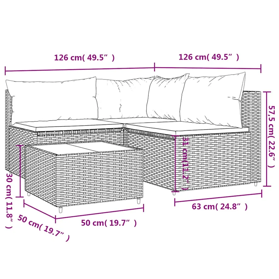 Salon de jardin 4 pcs avec coussins Marron Résine tressée - 11