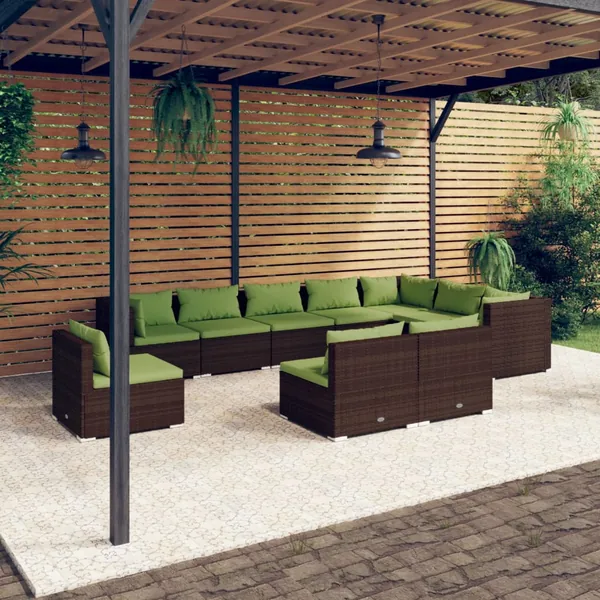 Salon de jardin 10 pcs avec coussins Résine tressée Marron