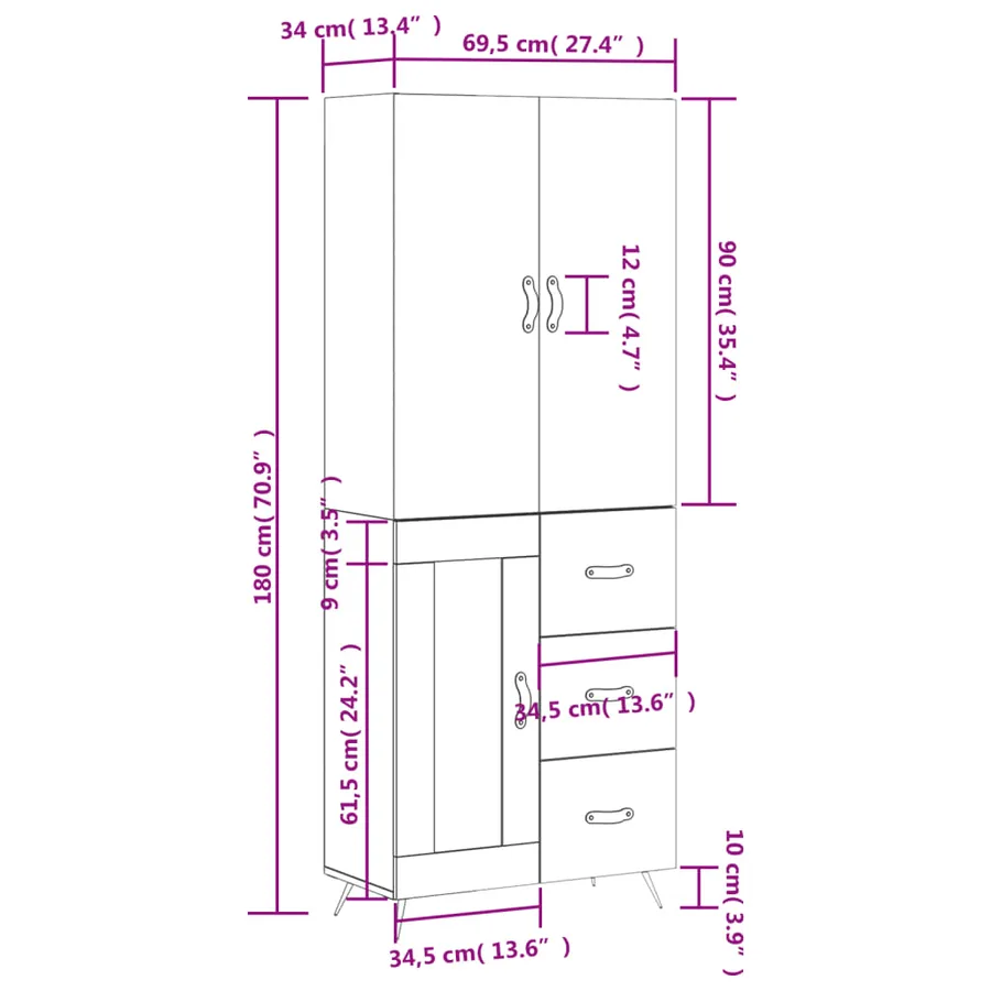 Buffet haut Gris béton 69,5x34x180 cm Bois d'ingénierie - 14