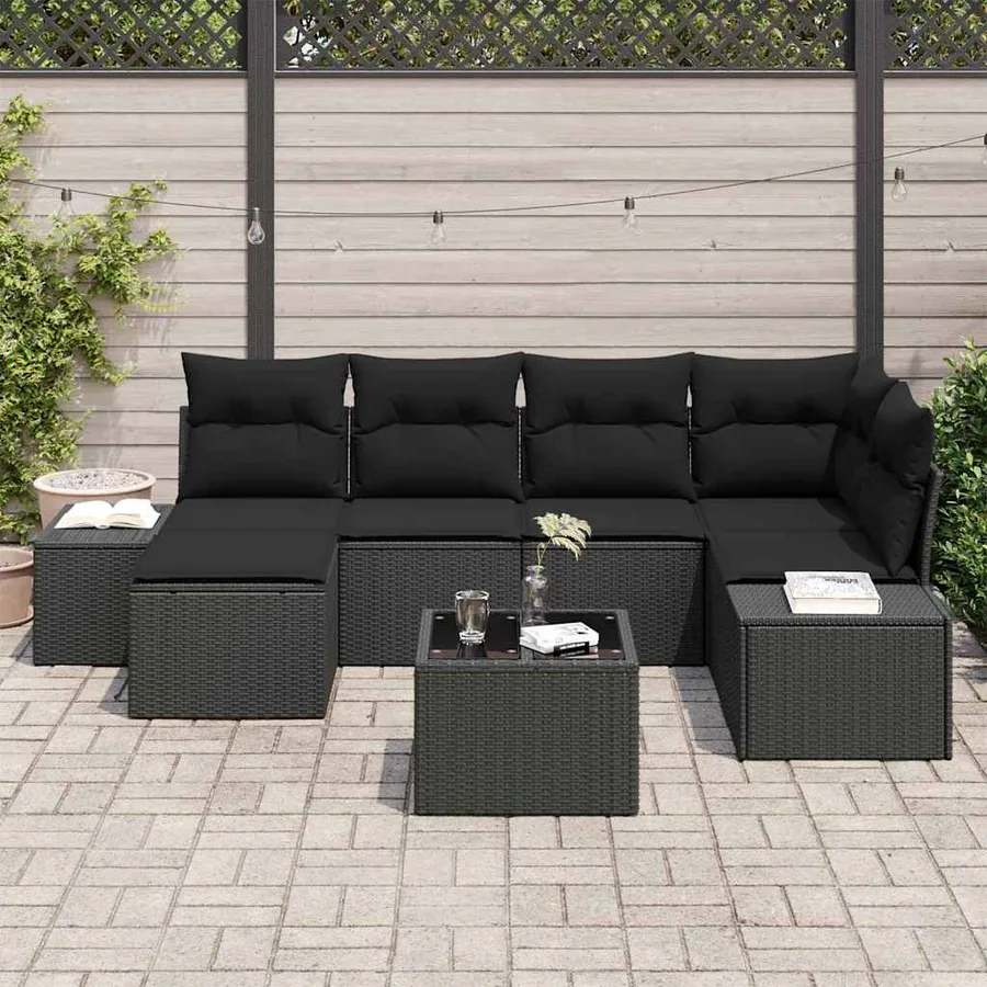Ensemble de canapé de jardin avec coussin 7 pcs Noir polyrotin - 3
