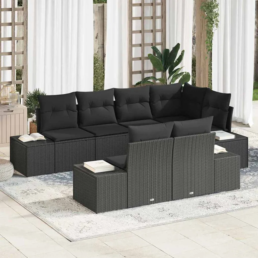 Ensemble de canapé de jardin avec coussin 7 pcs Noir polyrotin