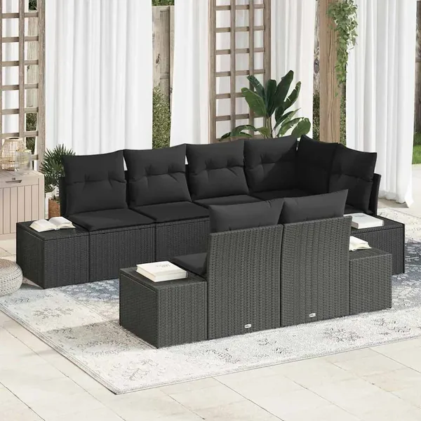 Ensemble de canapé de jardin avec coussin 7 pcs Noir polyrotin