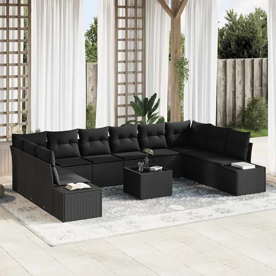 Ensemble de canapé de jardin avec coussin 11 pcs Noir polyrotin