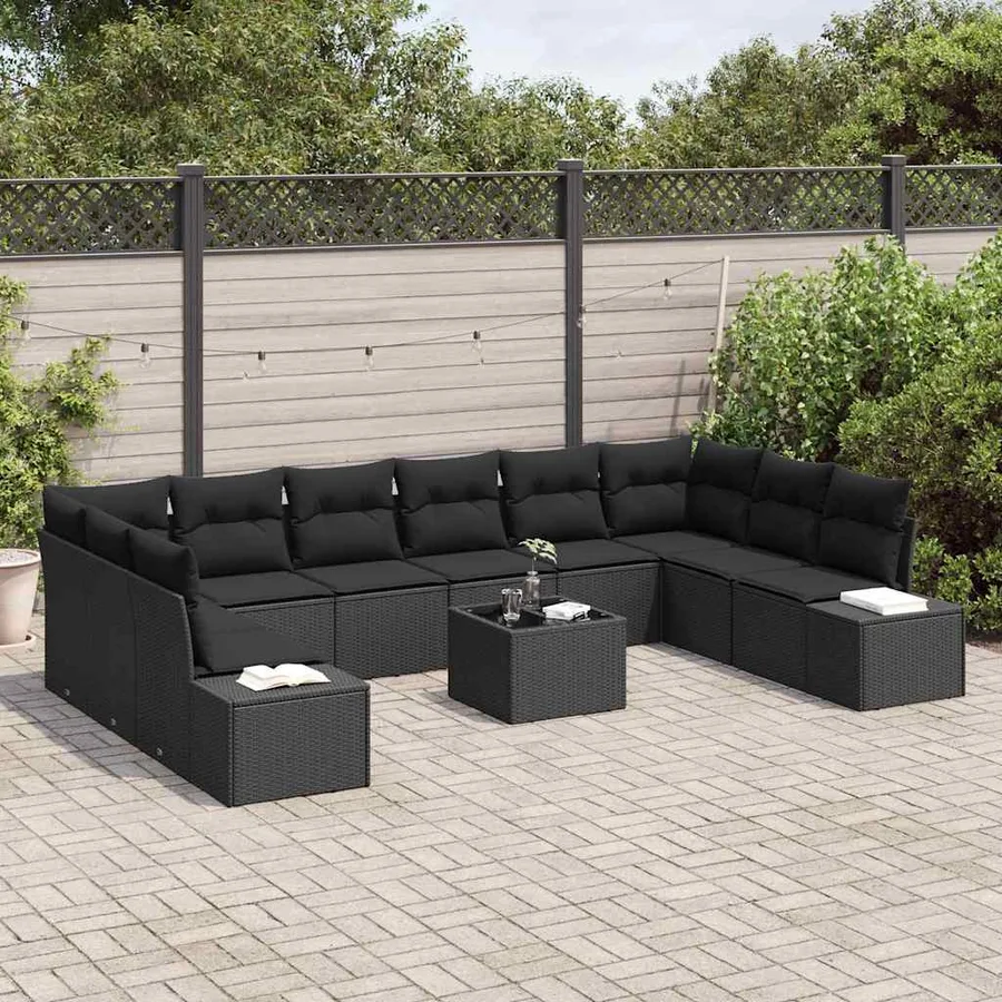 Ensemble de canapé de jardin avec coussin 11 pcs Noir polyrotin - 3