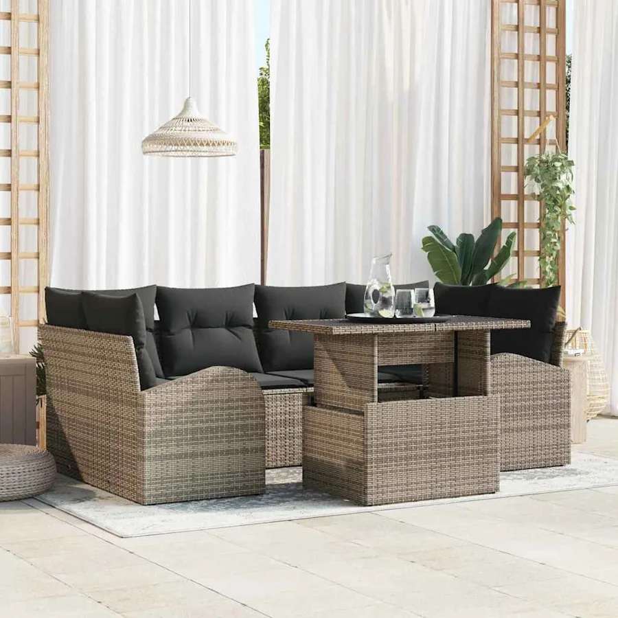 Ensemble de canapé de jardin avec coussin 7 pcs Gris Poly rotin