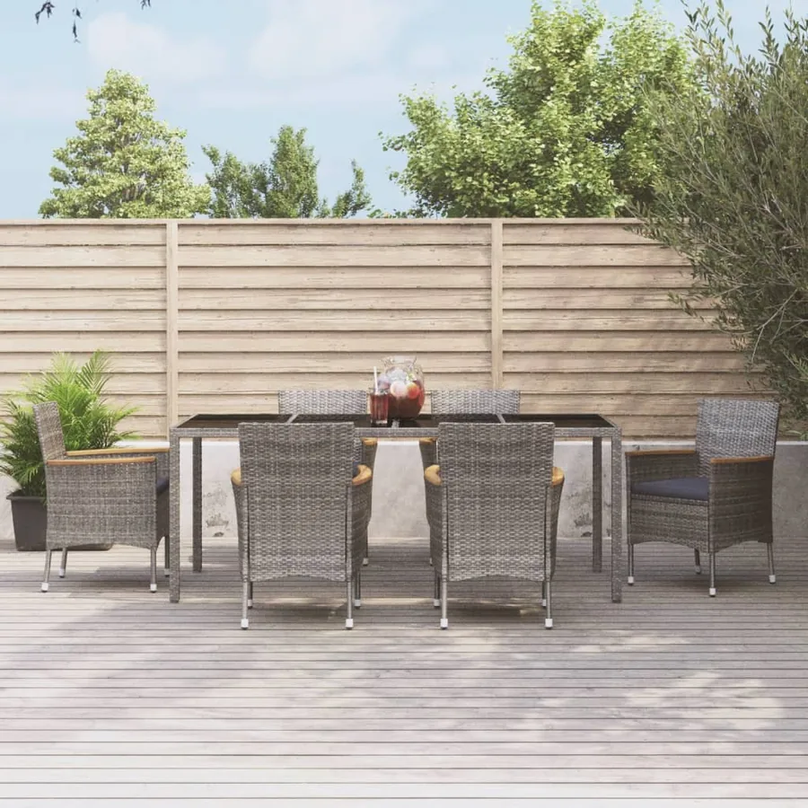 Ensemble à manger jardin et coussins 7 pcs gris rotin
