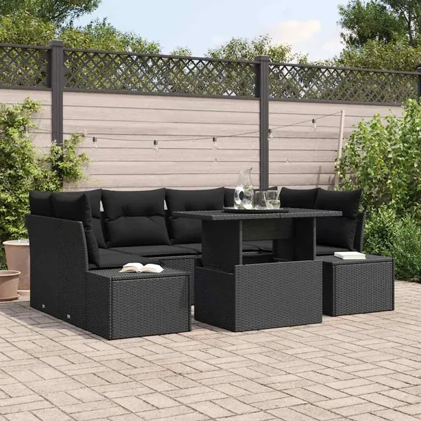 Ensemble de Canapés avec coussin 7 pcs Noir polyrotin