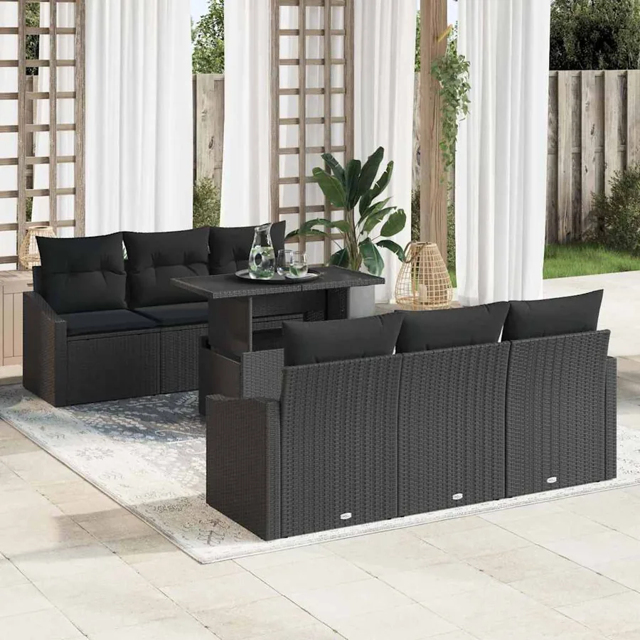 Ensemble de canapé de jardin avec coussin 7 pcs Noir polyrotin