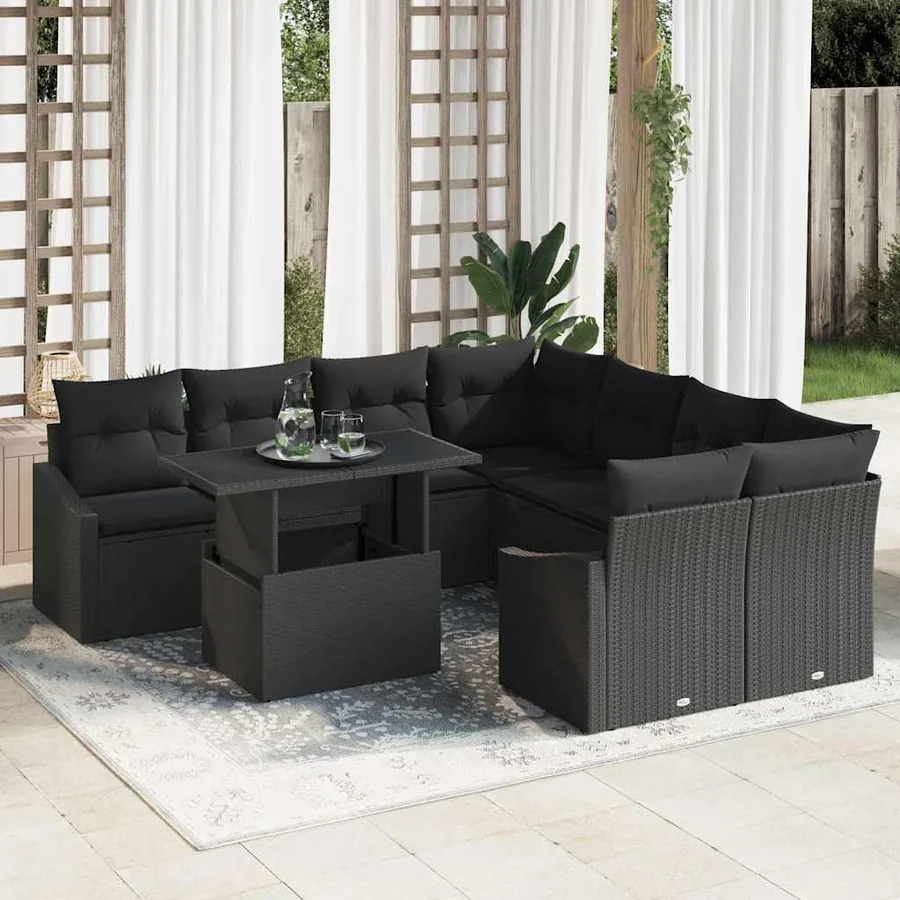Ensemble de canapé de jardin 9 pcs Noir Poly rotin