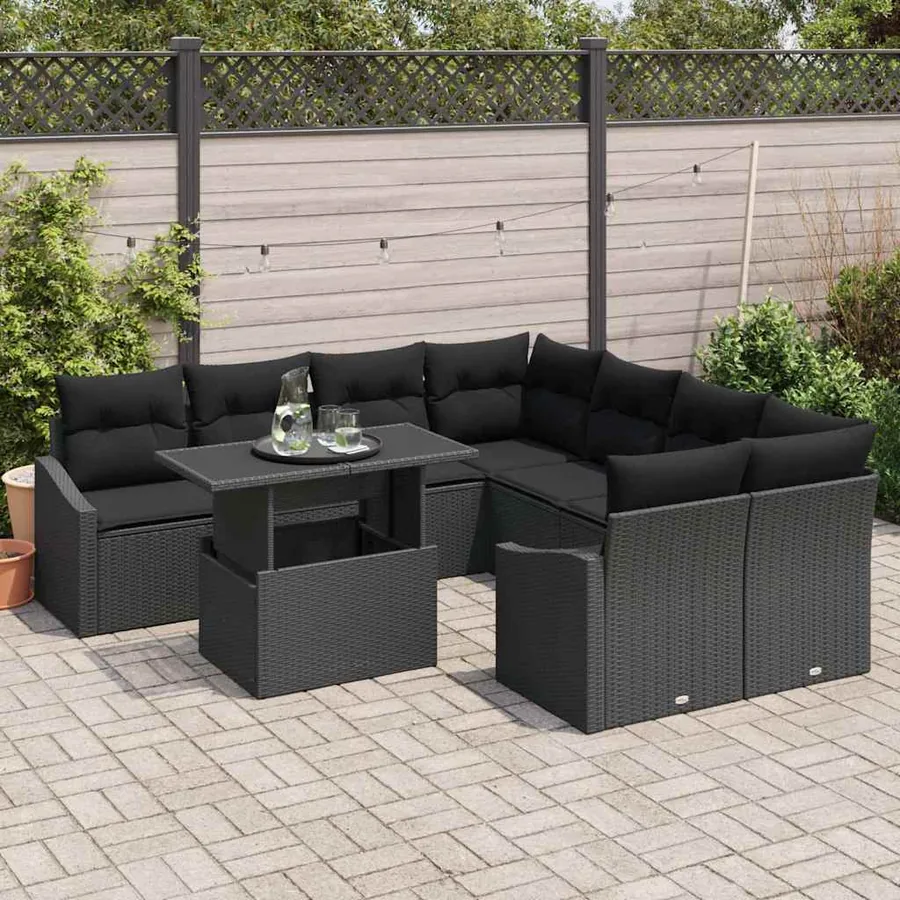 Ensemble de canapé de jardin 9 pcs Noir Poly rotin - 3