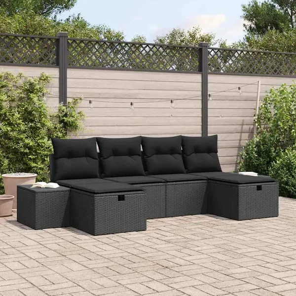 Ensemble de canapé de jardin avec coussin 6 pcs Noir polyrotin