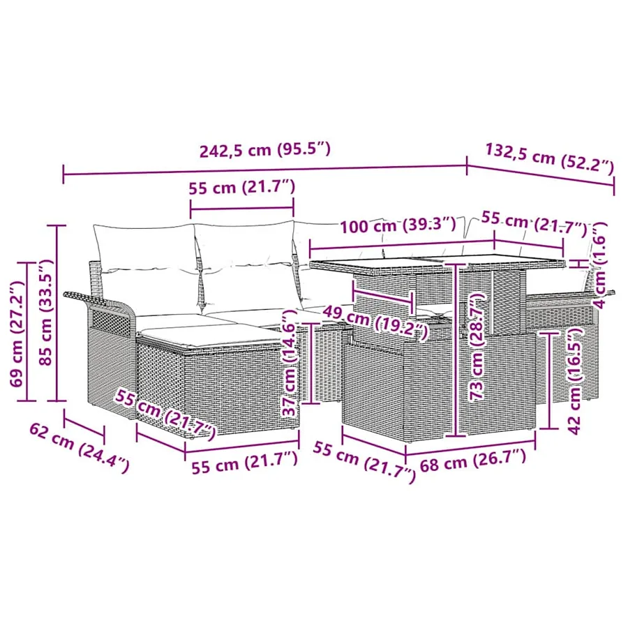 Ensemble de canapé de jardin avec coussin 7 pcs Gris Poly rotin - 12