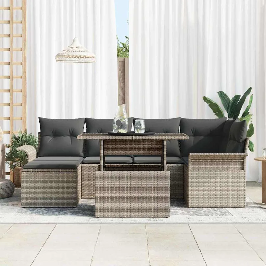 Ensemble de canapé de jardin avec coussin 7 pcs Gris Poly rotin - 3
