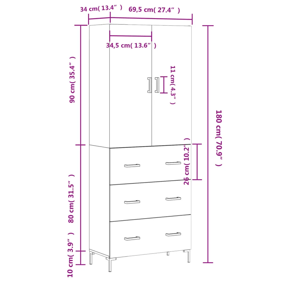Buffet haut Gris béton 69,5x34x180 cm Bois d'ingénierie - 14