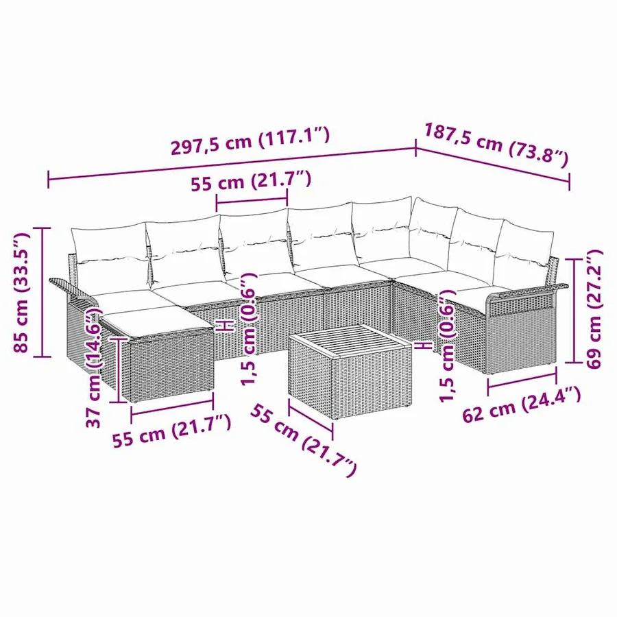 Ensemble de canapé de jardin avec coussin 9 pcs Gris polyrotin - 11