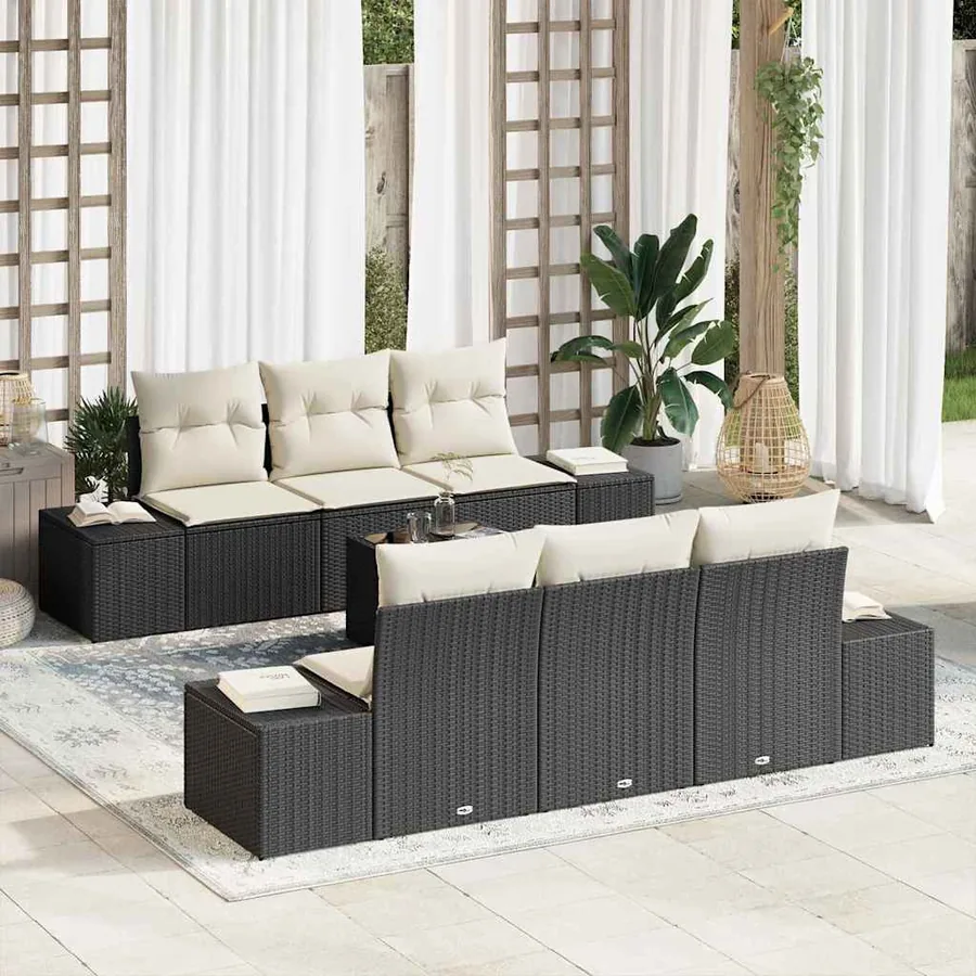 Ensemble de canapé de jardin avec coussin 7 pcs Noir polyrotin
