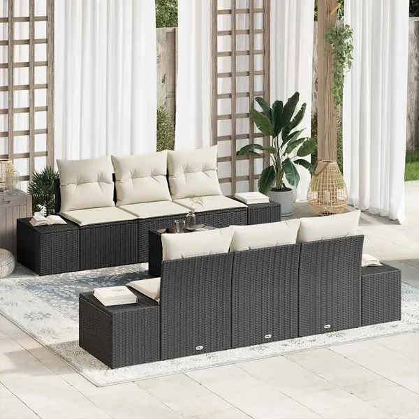 Ensemble de canapé de jardin avec coussin 7 pcs Noir polyrotin