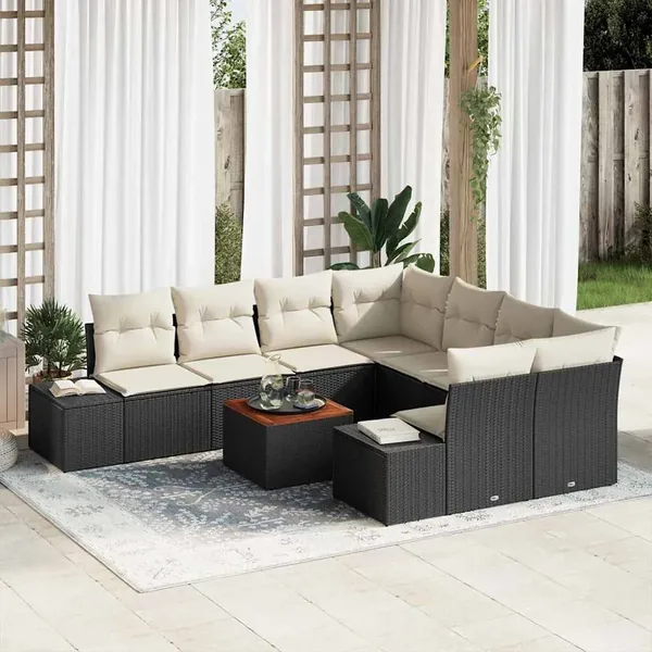 Ensemble de canapé de jardin avec coussin 9 pcs Noir polyrotin