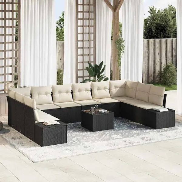 Ensemble de canapé de jardin avec coussin 11 pcs Noir polyrotin