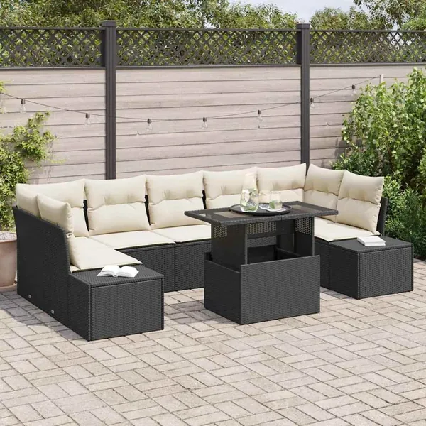 Ensemble de Canapés avec coussin 8 pcs Noir et Crème polyrotin