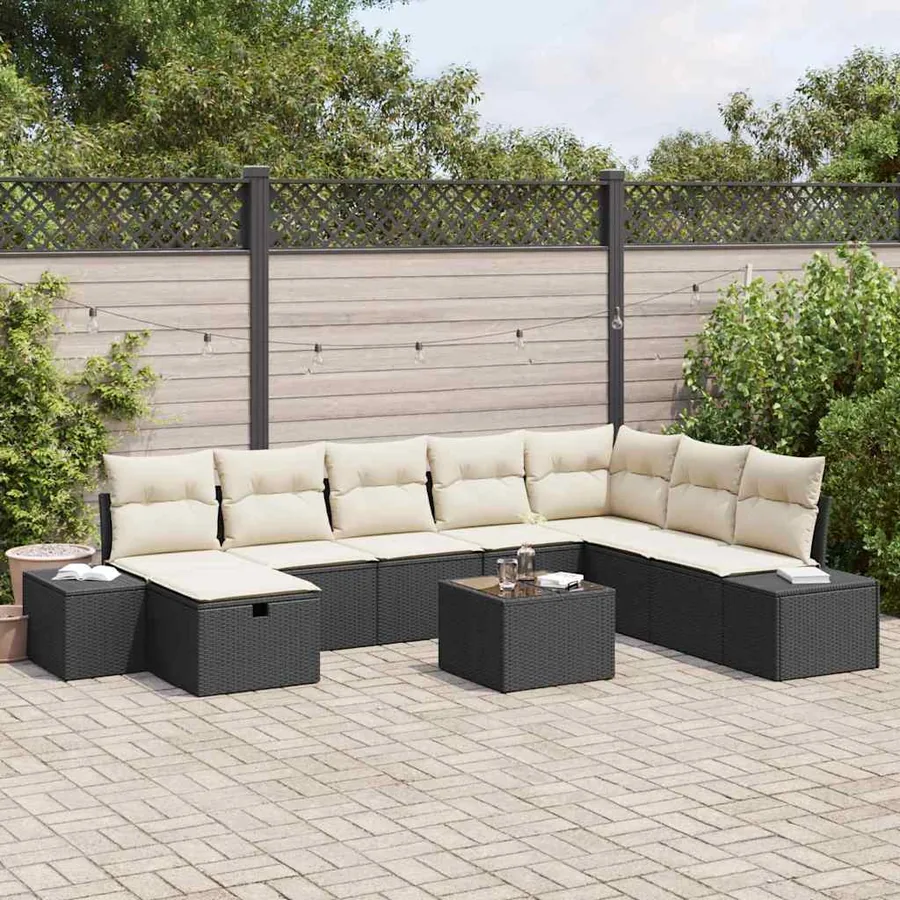 Ensemble de canapé de jardin avec coussin 9 pcs Noir polyrotin