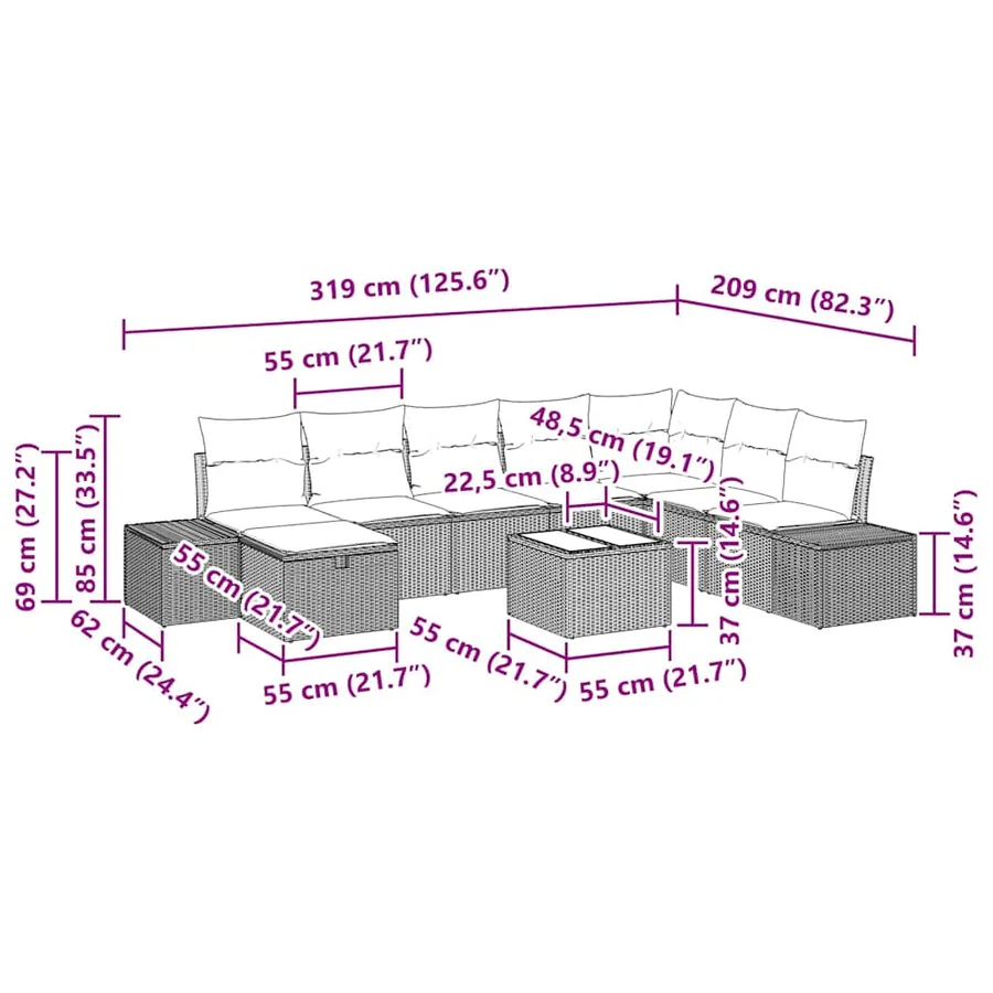 Ensemble de canapé de jardin avec coussin 9 pcs Noir polyrotin - 11
