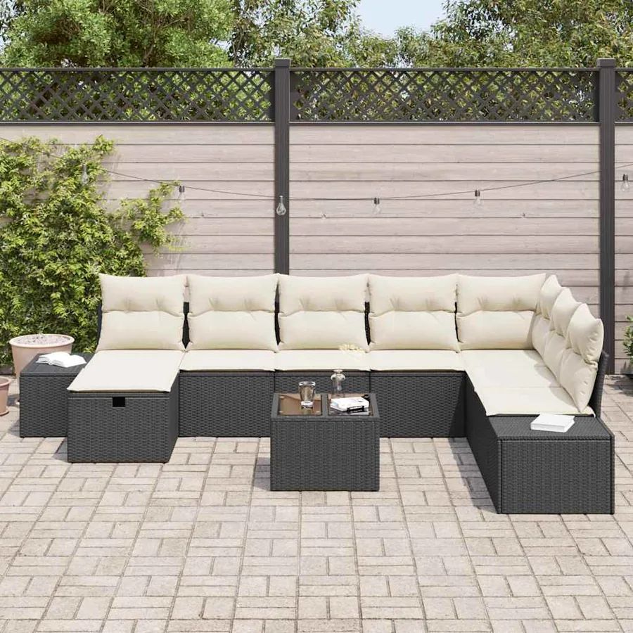 Ensemble de canapé de jardin avec coussin 9 pcs Noir polyrotin - 3