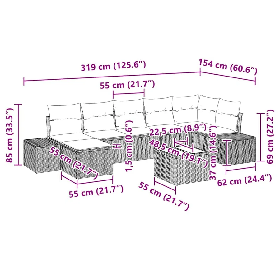 Ensemble de canapé de jardin avec coussin 8 pcs Noir polyrotin - 8