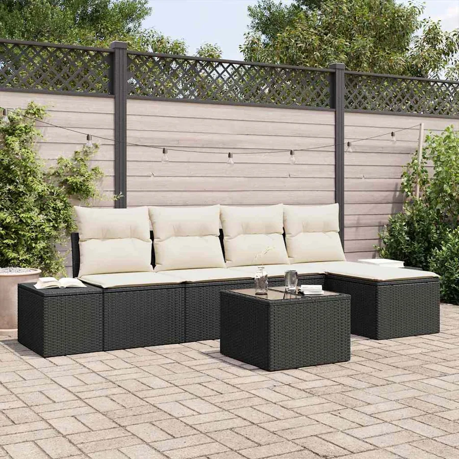 Ensemble de canapé de jardin avec coussin 6 pcs Noir polyrotin