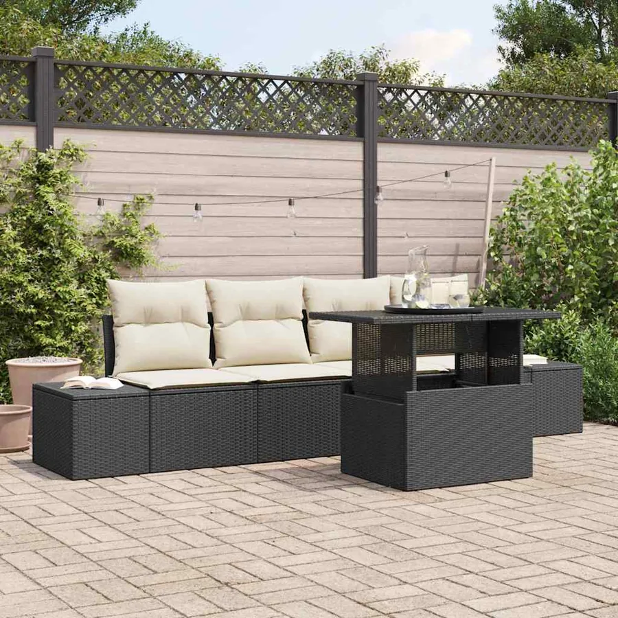 Ensemble de Canapés avec coussin 5 pcs Noir et Crème polyrotin