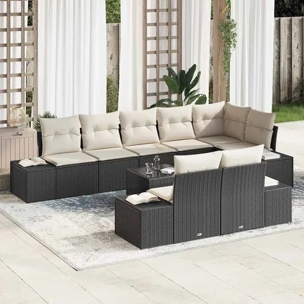 Ensemble de canapé de jardin 9 pcs Noir et Crème polyrotin