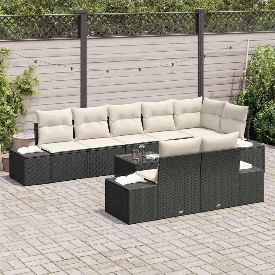Ensemble de canapé de jardin 9 pcs Noir et Crème polyrotin - 3