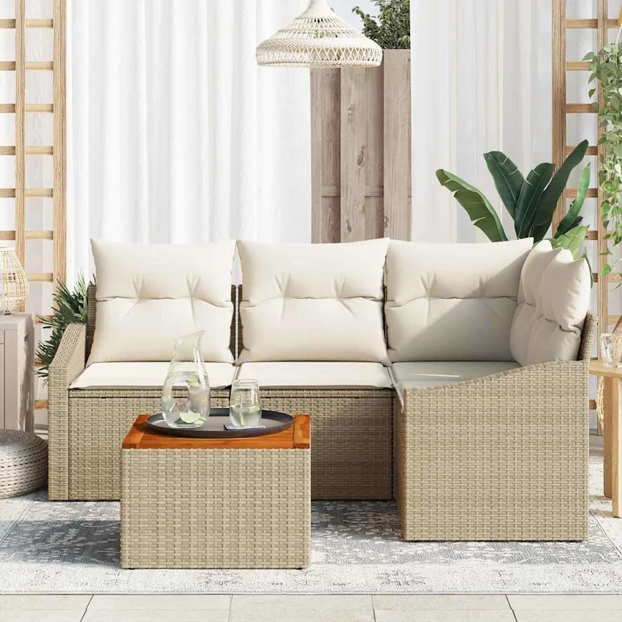Ensemble de canapé de jardin 5 pcs Beige et crème polyrotin - 3