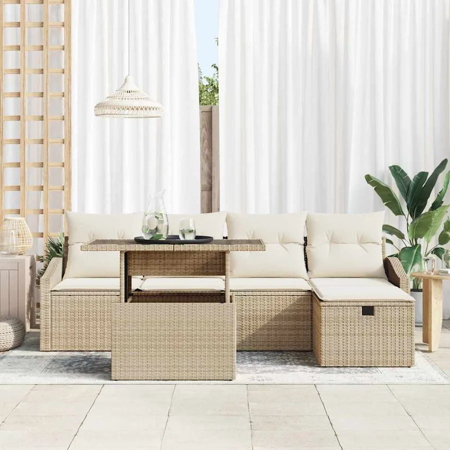 Ensemble de canapé de jardin avec coussin 6 pcs Beige polyrotin - 3