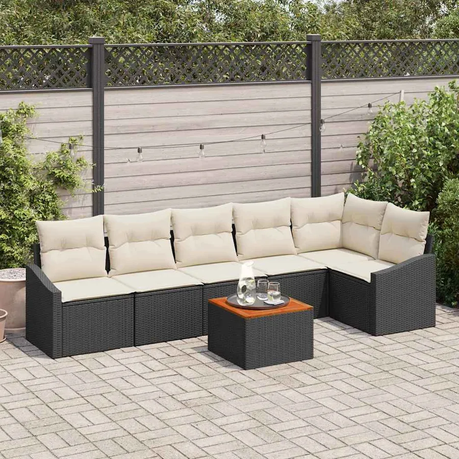 Ensemble de canapé de jardin 7 pcs Noir et Crème polyrotin
