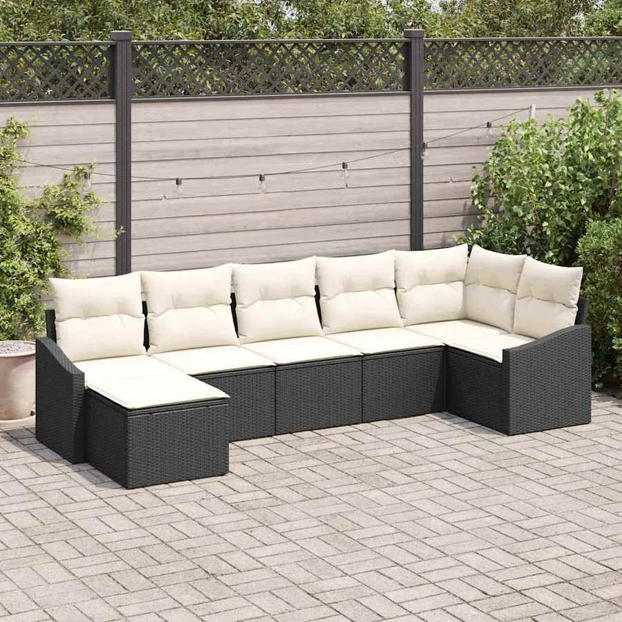 Ensemble de canapé de jardin 7 pcs Noir et Crème polyrotin