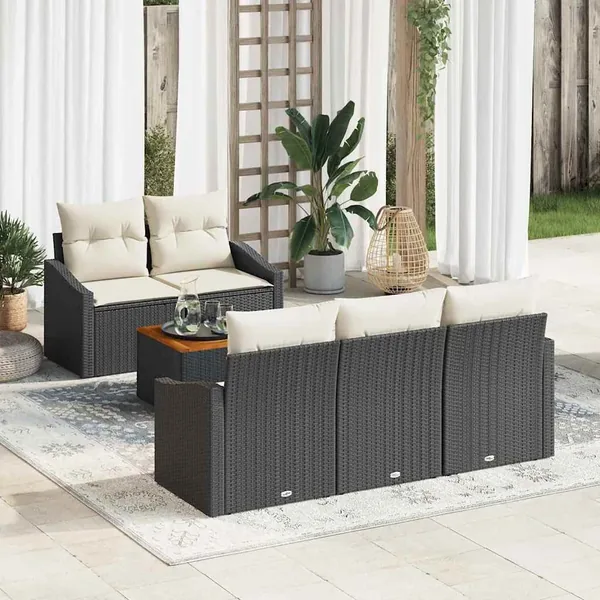 Ensemble de canapé de jardin 6 pcs Noir et Crème polyrotin