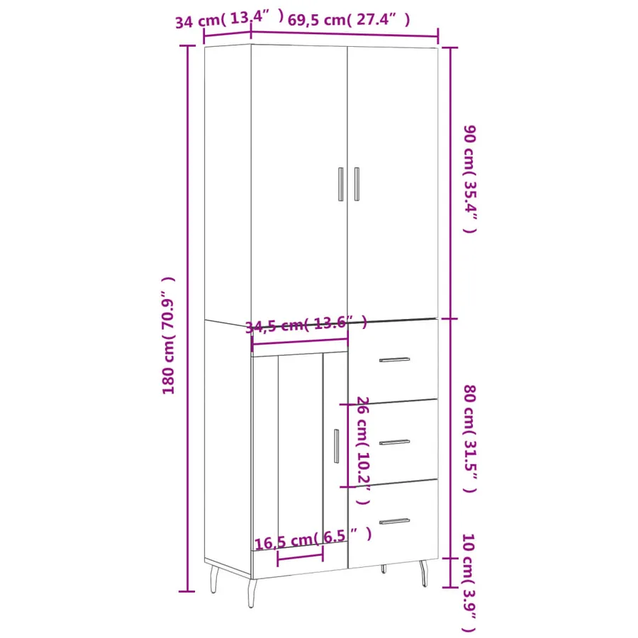 Buffet haut Sonoma gris 69,5x34x180 cm Bois d'ingénierie - 14