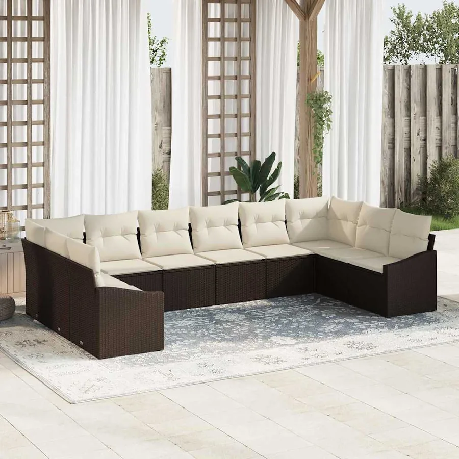 Ensemble de canapé de jardin 10 pcs Marron et Crème polyrotin