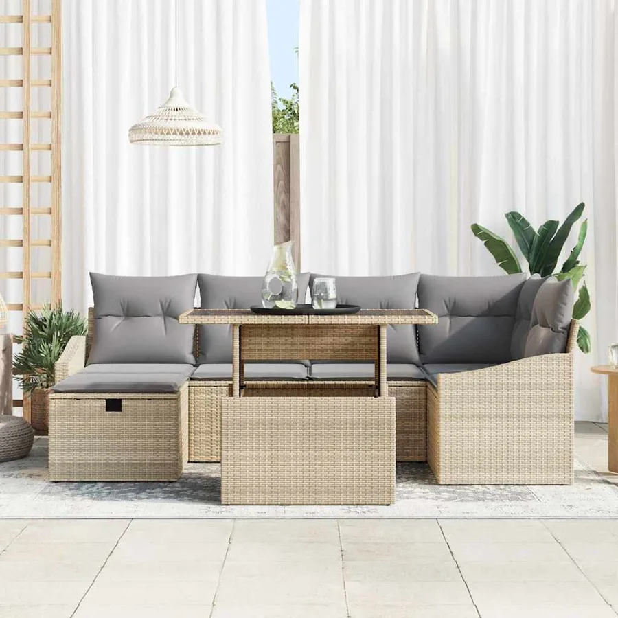 Ensemble de canapé de jardin avec coussin 7 pcs Beige polyrotin - 3