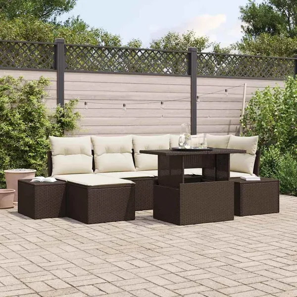Ensemble de canapé de jardin avec coussin 7 pcs Marron et crème