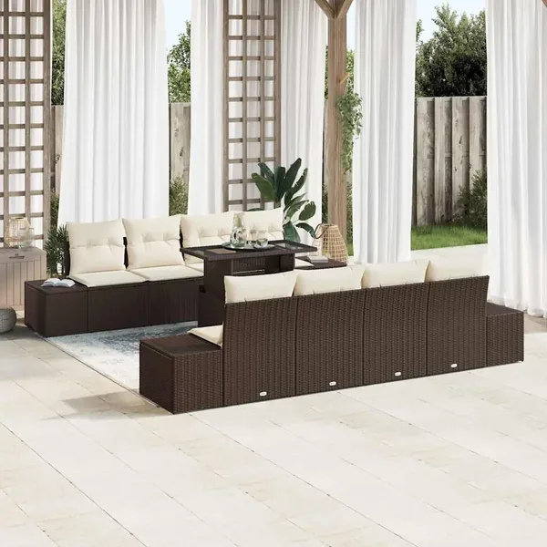 Ensemble de canapé de jardin 9 pcs Marron et Crème polyrotin