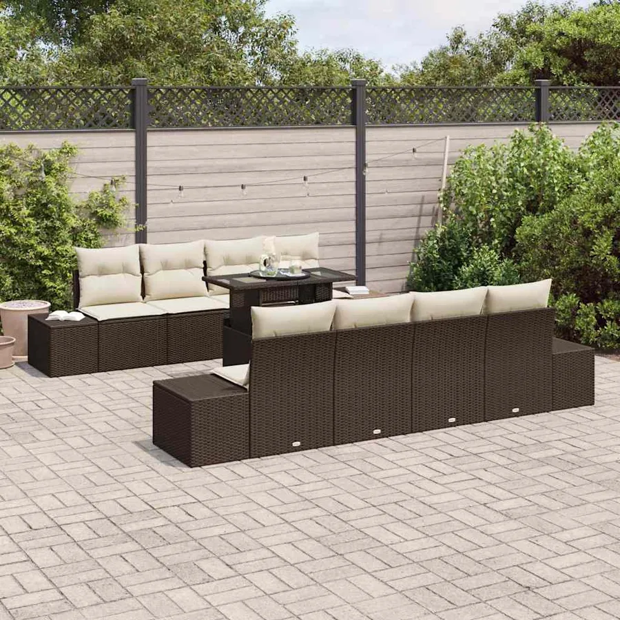 Ensemble de canapé de jardin 9 pcs Marron et Crème polyrotin - 3